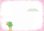 Inside of a cute Valentine's Day greeting card with a pink leafy border on a white background. The text reads 'Have a Toadally Hoppy Valentine's Day!' with a small cartoon green frog holding flowers illustration on the left.