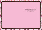 Inside of a Valentine's Day card with a light pink background, displaying 'BUT THANK YOU FOR NOT MAKING ME CHOOSE. HAPPY VALENTINE'S DAY' text, bordered by festive chocolate and heart motifs.