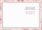 Interior view of a heartfelt Valentine's Day card for a wife, showing a delicate watercolor floral border and the message 'LOVING YOU IS THE BEST AND EASIEST DECISION I EVER MADE. Happy Valentine's Day with All My Love'.