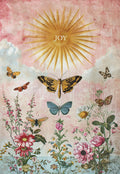 Elegant greeting card with a vintage illustration featuring numerous colorful butterflies, lush botanical flowers, and a golden sunburst with the word 'JOY' on a soft pink and blue watercolor background. Perfect for a loved one.