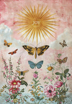 Elegant greeting card with a vintage illustration featuring numerous colorful butterflies, lush botanical flowers, and a golden sunburst with the word 'JOY' on a soft pink and blue watercolor background. Perfect for a loved one.