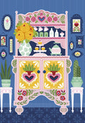 Vibrant folk art style greeting card featuring a pink hutch adorned with red roses, hearts, and yellow blooms, filled with teacups and cupcakes. Surrounded by framed pictures and potted plants against a blue patterned background. Perfect for sending cheerful wishes.