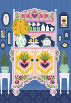 Vibrant folk art style greeting card featuring a pink hutch adorned with red roses, hearts, and yellow blooms, filled with teacups and cupcakes. Surrounded by framed pictures and potted plants against a blue patterned background. Perfect for sending cheerful wishes.