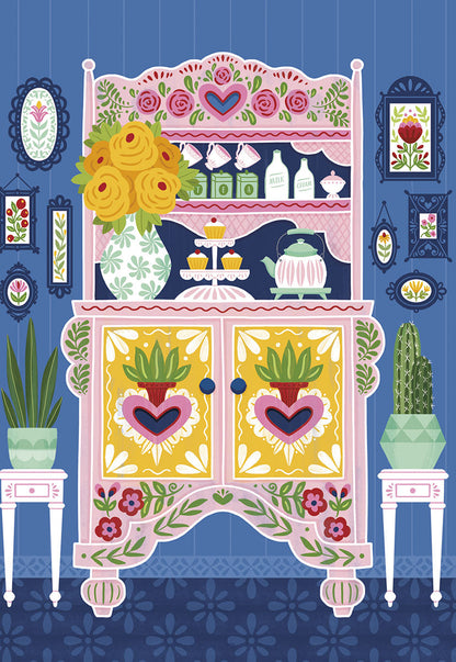 Southwest folk art china cabinet birthday card with pink and yellow floral designs, blue background, potted plants. Vibrant and ornate.