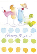Vibrant watercolor birthday greeting card featuring an array of festive cocktails with garnishes, and the text 'Cheers To You!' below colorful watercolor dots. Perfect for celebrating a friend's special day.