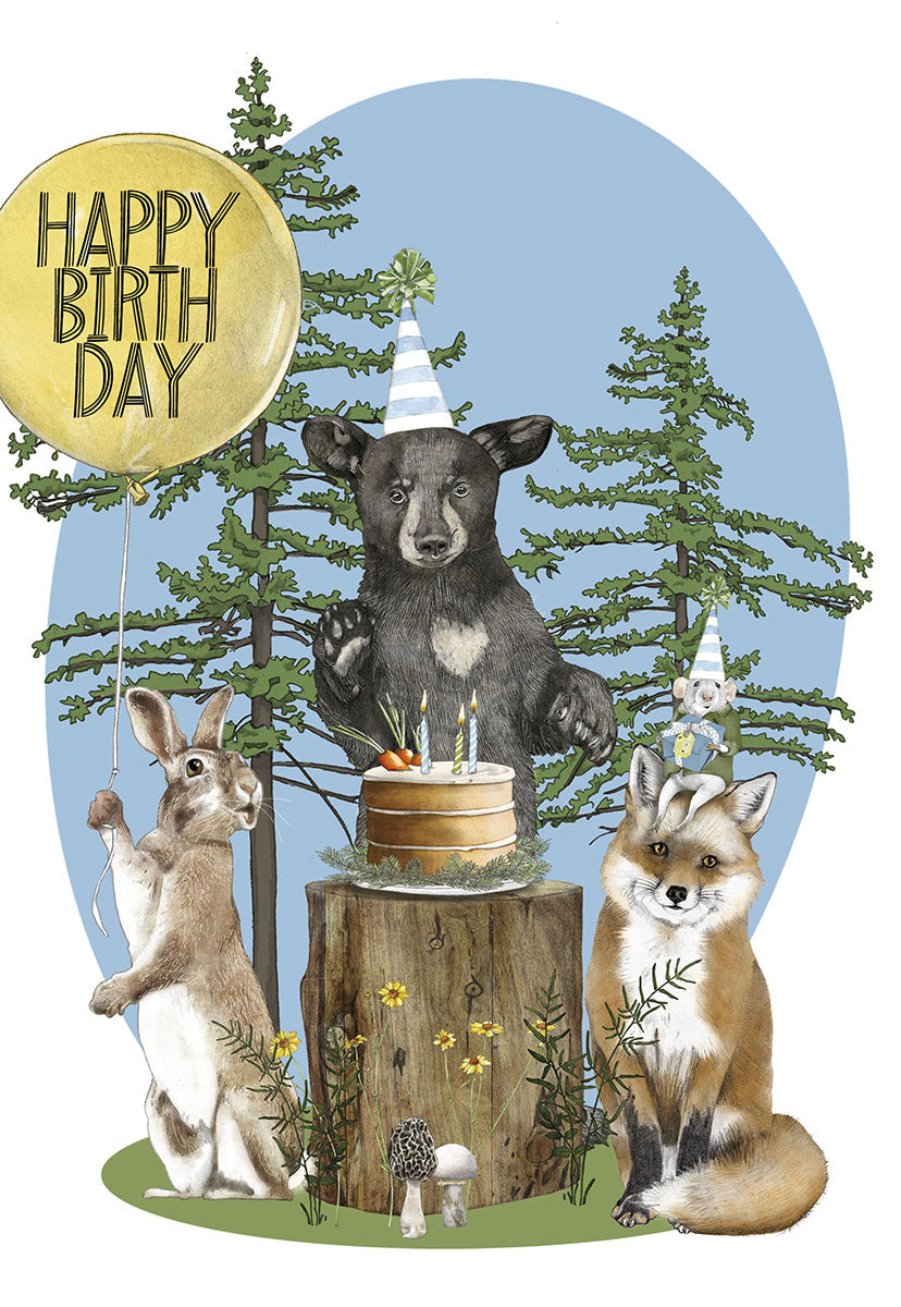 Whimsical forest animal celebration greeting card featuring a black bear, fox, and rabbit with a birthday cake and balloon, perfect for kids.