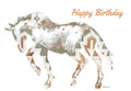 Front of a unique watercolor greeting card featuring a majestic horse outline filled with intricate geometric and abstract patterns in earthy tones of green, brown, and cream, with 'Happy Birthday' written in a rustic font at the top right, celebrating an untamed spirit.