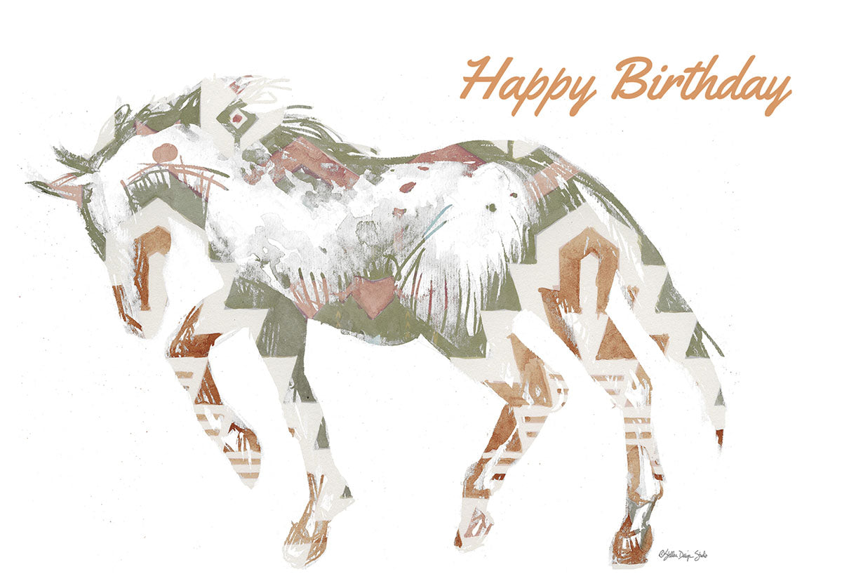 Front of a unique watercolor greeting card featuring a majestic horse outline filled with intricate geometric and abstract patterns in earthy tones of green, brown, and cream, with 'Happy Birthday' written in a rustic font at the top right, celebrating an untamed spirit.