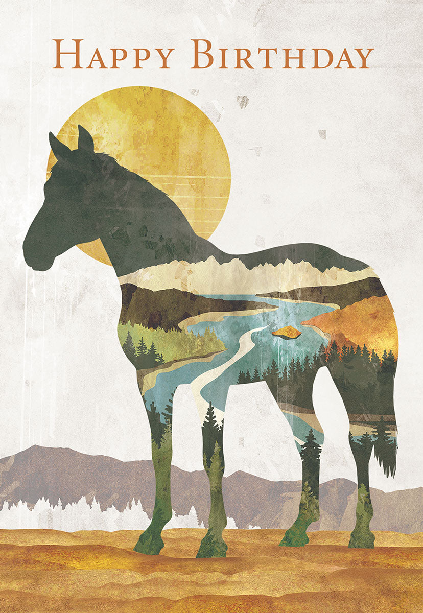 Front of a modern art greeting card featuring a majestic horse silhouette filled with a vibrant mountain and forest landscape, a winding river, and a golden sun, with 'HAPPY BIRTHDAY' text above.