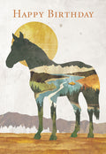 Front of a modern art greeting card featuring a majestic horse silhouette filled with a vibrant mountain and forest landscape, a winding river, and a golden sun, with 'HAPPY BIRTHDAY' text above.