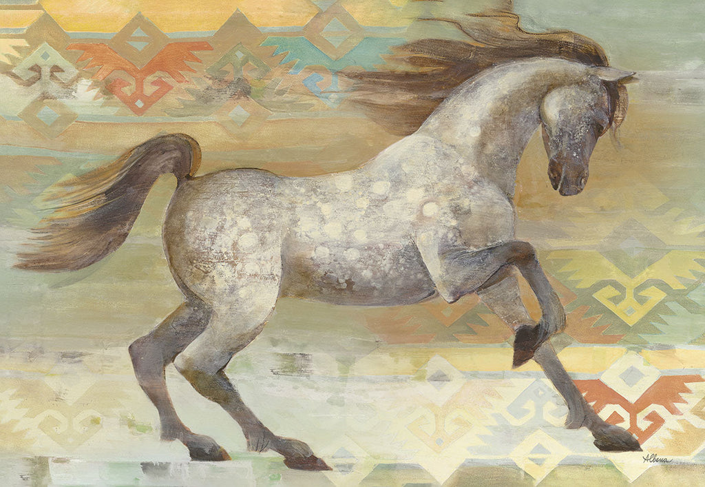 Dynamic watercolor painting of a dappled grey horse galloping against a vibrant Southwestern geometric pattern. Ideal for nature lovers and equestrian enthusiasts.