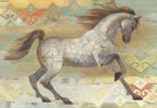 Dynamic watercolor painting of a dappled grey horse galloping against a vibrant Southwestern geometric pattern. Ideal for nature lovers and equestrian enthusiasts.