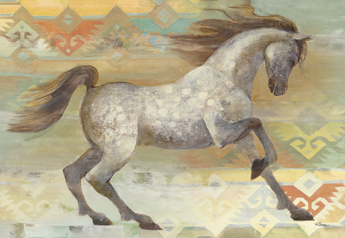 Dynamic watercolor painting of a dappled grey horse galloping against a vibrant Southwestern geometric pattern. Ideal for nature lovers and equestrian enthusiasts.