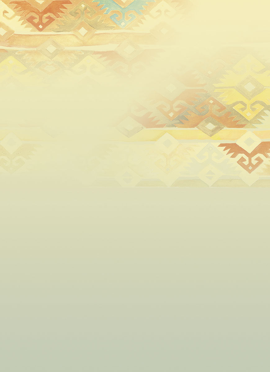 Abstract Southwestern pattern with warm yellow, orange, and green geometric shapes, perfect as a versatile greeting card background.