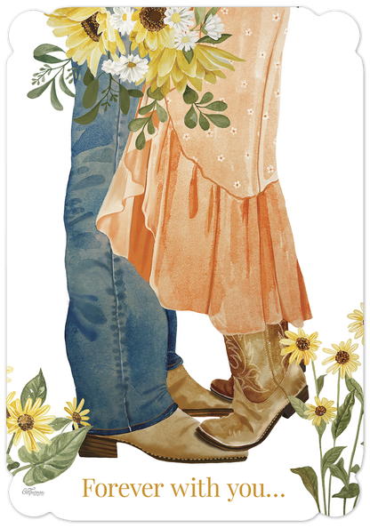 Romantic anniversary card with couple in boots & sunflowers. Text: 'Forever with you...'