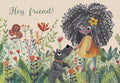 Whimsical greeting card for a friend featuring a smiling Black girl with curly hair, wearing a yellow dress, standing among colorful wildflowers with a cute black Scottie dog. The text 'Hey, friend!' is visible on the front.