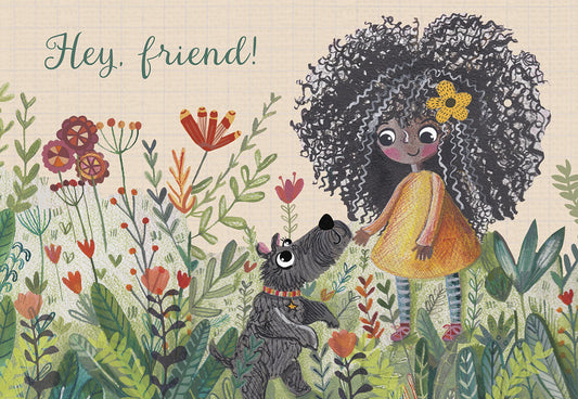 Curly Haired Girl with Dog in Flower Field Friendship Card