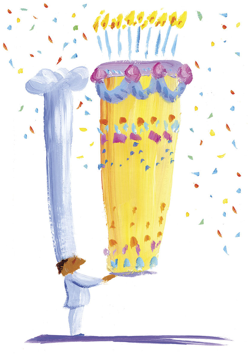 A small, whimsical chef character in a tall white hat and uniform, holding a platter with an enormous, vibrant yellow multi-tiered birthday cake. The cake has purple and pink frosting details and is topped with numerous lit yellow candles. Colorful confetti sprinkles across the white background, creating a festive scene for a cute birthday card.