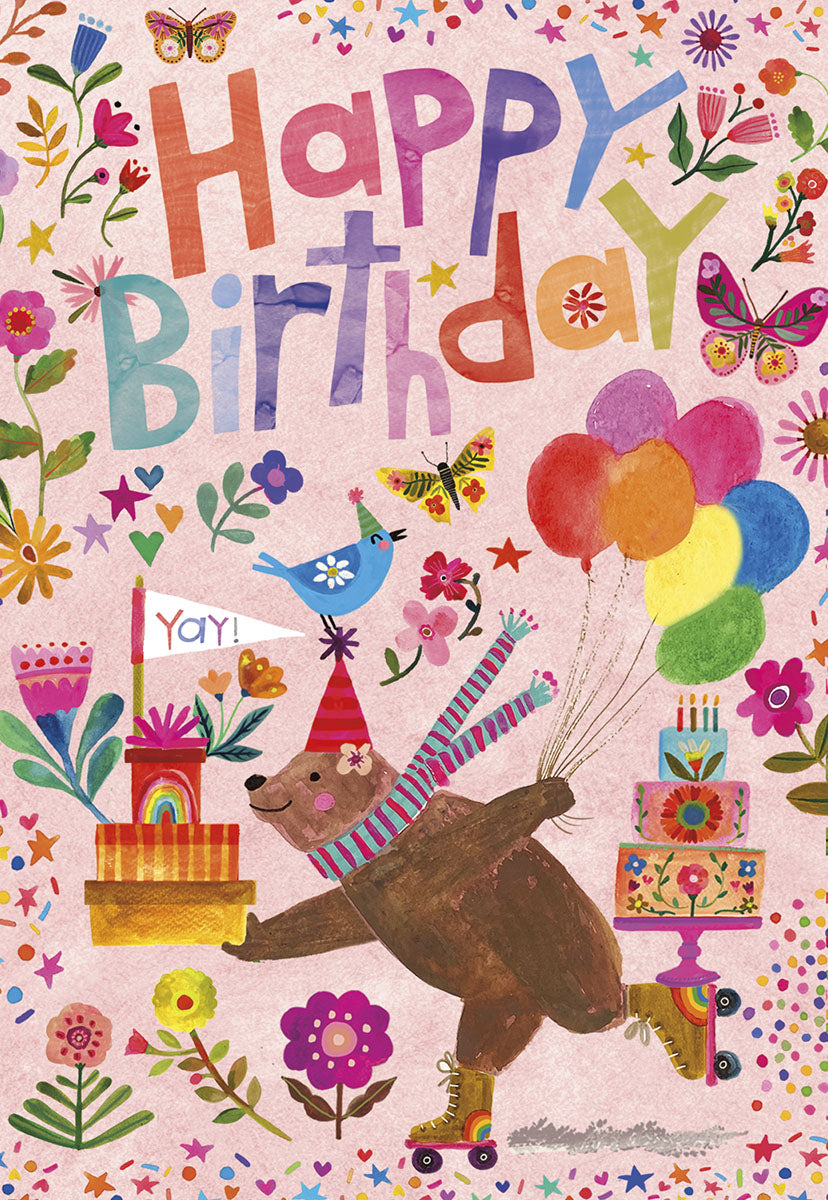 Front of a cute Happy Birthday card: a roller skating bear with cake, balloons, gifts, surrounded by flowers and butterflies.
