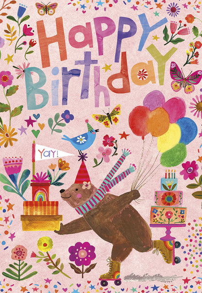 Front of a cute Happy Birthday card: a roller skating bear with cake, balloons, gifts, surrounded by flowers and butterflies.