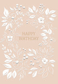Elegant blush pink birthday greeting card with embossed white floral wreath design and gold 'HAPPY BIRTHDAY' lettering.