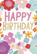 Vibrant floral Happy Birthday greeting card, featuring colorful painted flowers in pink, red, blue, purple, and yellow with gold glitter accents. Perfect for sending cheerful wishes to anyone.