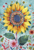 Vibrant sunflower greeting card front, featuring an intricate mandala-style center with blue and pink hues, surrounded by bright yellow petals and whimsical botanical details on a light teal background. Ideal for a friend's special day.