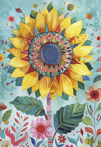 Vibrant sunflower greeting card front, featuring an intricate mandala-style center with blue and pink hues, surrounded by bright yellow petals and whimsical botanical details on a light teal background. Ideal for a friend's special day.