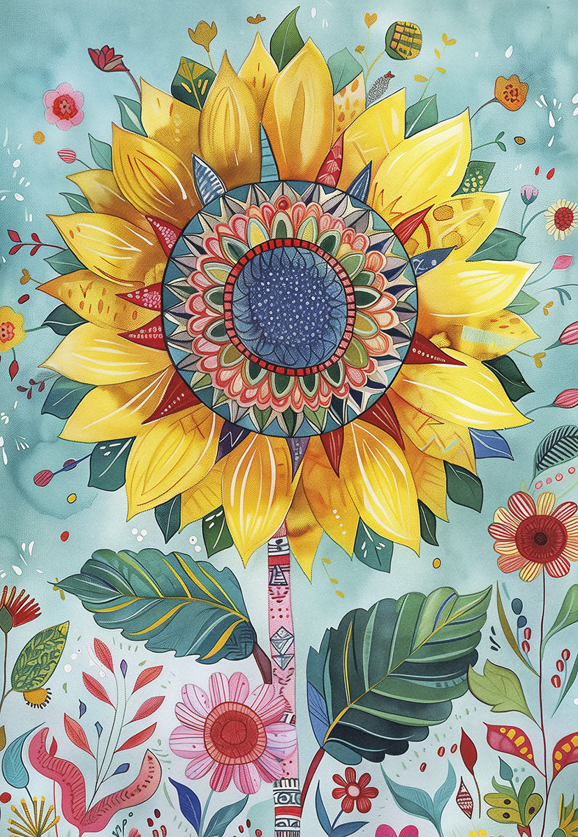 Vibrant sunflower greeting card front, featuring an intricate mandala-style center with blue and pink hues, surrounded by bright yellow petals and whimsical botanical details on a light teal background. Ideal for a friend's special day.