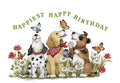 Front of a cute greeting card featuring three watercolor dogs (a white and black spotted dog, a golden retriever with a red bandana, and a brown and white dog) surrounded by colorful butterflies and wildflowers against a white background with the text 'HAPPIEST HAPPY BIRTHDAY' arched above.