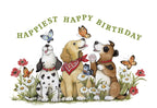 Front of a cute greeting card featuring three watercolor dogs (a white and black spotted dog, a golden retriever with a red bandana, and a brown and white dog) surrounded by colorful butterflies and wildflowers against a white background with the text 'HAPPIEST HAPPY BIRTHDAY' arched above.
