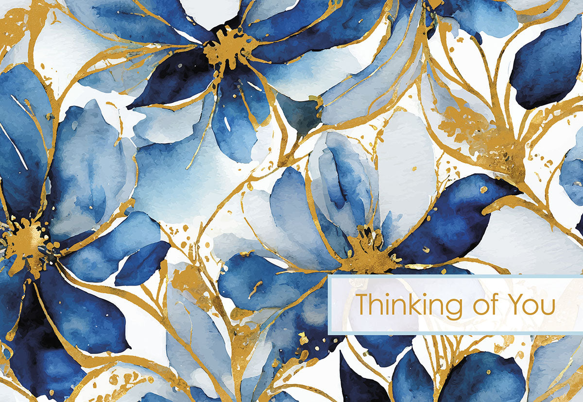 Elegant watercolor greeting card with vibrant blue flowers and gold foil accents, featuring 'Thinking of You' text on the front, perfect for offering support.