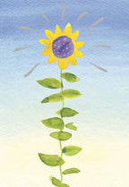 Watercolor sunflower illustration radiating light on a blue to yellow gradient sky, symbolizing hope and encouragement.
