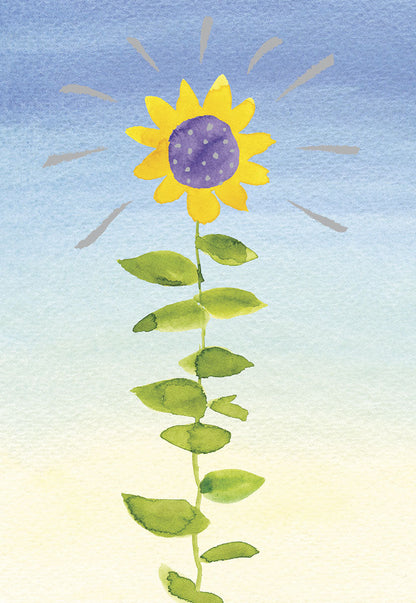 Watercolor sunflower with beaming rays on a blue to yellow gradient background, depicting hope and brightness.