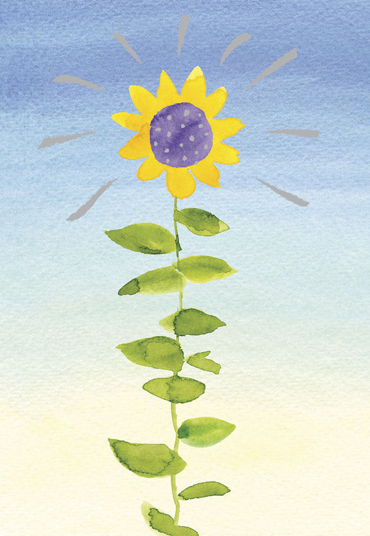 Watercolor sunflower with beaming rays on a blue to yellow gradient background, depicting hope and brightness.