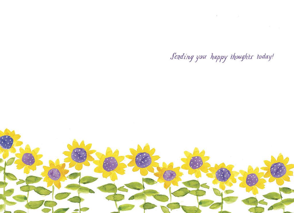 Open encouragement greeting card interior with a border of watercolor sunflowers and 'Sending you happy thoughts today!' message.