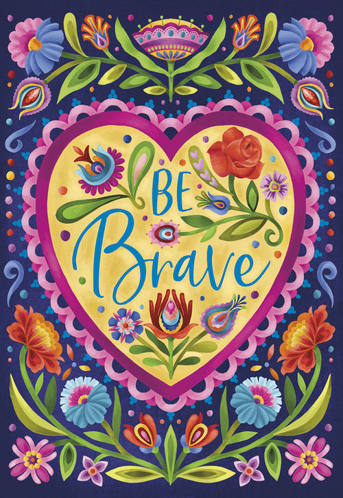 Front of a vibrant folk art greeting card with a yellow heart frame, intricate floral patterns, and the bold blue text 'Be Brave' on a dark blue background.