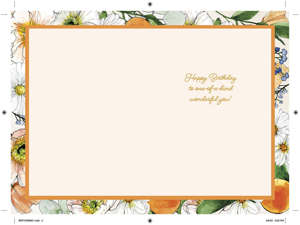 Open greeting card interior with a light peach center panel, bordered by watercolor flowers and oranges, featuring the warm message 'Happy Birthday to one-of-a-kind wonderful you!' in gold script. Ideal for writing a personalized note to a cherished parent.