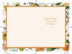 Open greeting card interior with a light peach center panel, bordered by watercolor flowers and oranges, featuring the warm message 'Happy Birthday to one-of-a-kind wonderful you!' in gold script. Ideal for writing a personalized note to a cherished parent.
