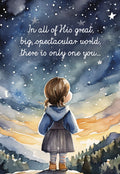 Watercolor greeting card for a child, featuring a young girl looking up at a starry night sky with the quote 'In all of His great, big, spectacular world, there is only one you...'. Perfect for a religious birthday message.