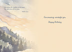 Inside view of a religious birthday card, showing a watercolor landscape of trees and a cloudy sky, with Psalm 147:4 'He counts the number of the stars; He calls them all by name.' and the message 'One amazing, wonderful you. Happy Birthday'.