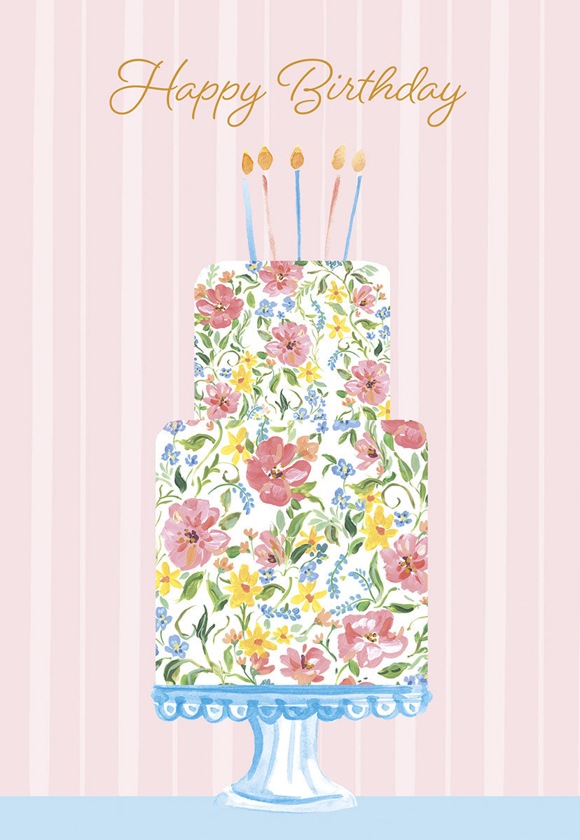 Elegant two-tier floral birthday cake greeting card, featuring pink, yellow, and blue watercolor flowers on a white cake with four lit candles, against a soft pink striped background. Perfect for a friend.