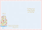 Inside of a religious birthday greeting card for a friend, showing a partial floral cake, with heartfelt scripture Philippians 4:4 'Rejoice in the Lord always' and 'Wishing you joy... especially today!' in elegant gold script.