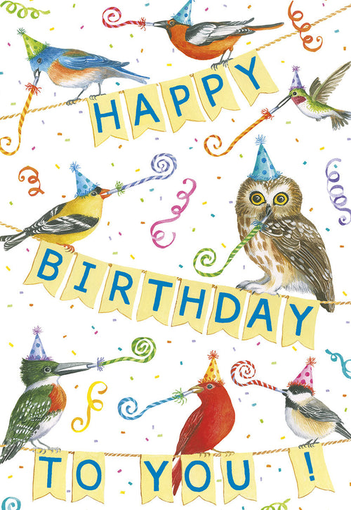 Cute birthday greeting card for anyone, featuring an array of colorful birds wearing festive party hats, blowing horns, and perched on strings holding a 'HAPPY BIRTHDAY TO YOU' banner. Confetti and streamers float playfully across the vibrant illustration.