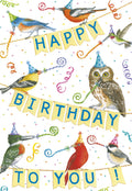 Colorful greeting card front featuring cheerful birds in party hats blowing noisemakers, holding a 'HAPPY BIRTHDAY TO YOU!' banner, surrounded by confetti.