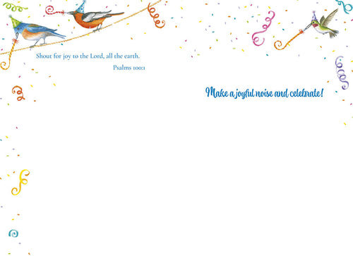 Inside view of a religious birthday card with colorful confetti. Features the scripture 'Shout for joy to the Lord, all the earth. Psalms 100:1' on the left and 'Make a joyful noise and celebrate!' on the right, perfect for Grandparents or friends.