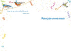 Inside of a religious birthday card showing a clean white space with scattered confetti, featuring the verse 'Shout for joy to the Lord, all the earth. Psalms 100:1' and 'Make a joyful noise and celebrate!' in elegant script.