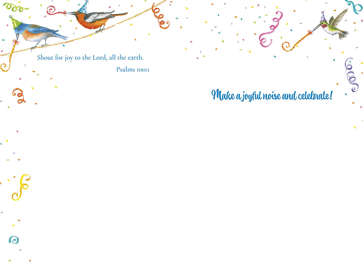 Inside of a religious birthday card showing a clean white space with scattered confetti, featuring the verse 'Shout for joy to the Lord, all the earth. Psalms 100:1' and 'Make a joyful noise and celebrate!' in elegant script.