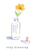 Watercolor new baby greeting card front, featuring a yellow flower in a baby bottle, a pacifier cap, and text 'tiny blessing'.
