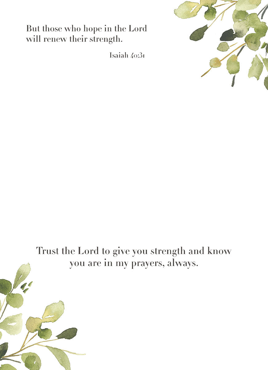 Inside of a religious encouragement card showing Isaiah 40:31 scripture and a prayer of strength with botanical accents.